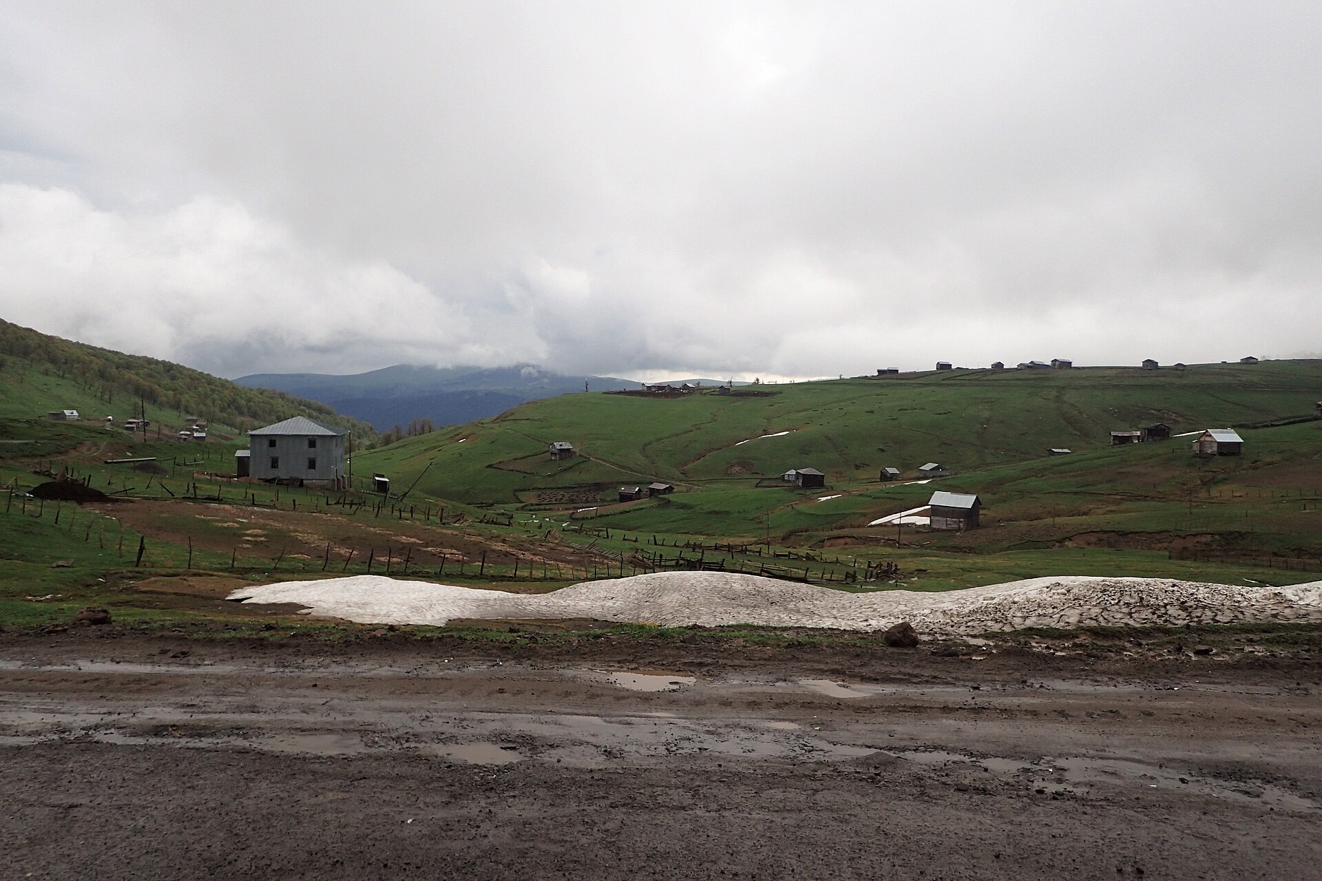 A rough road crossing the green alpine landscape at Goderdzi Pass