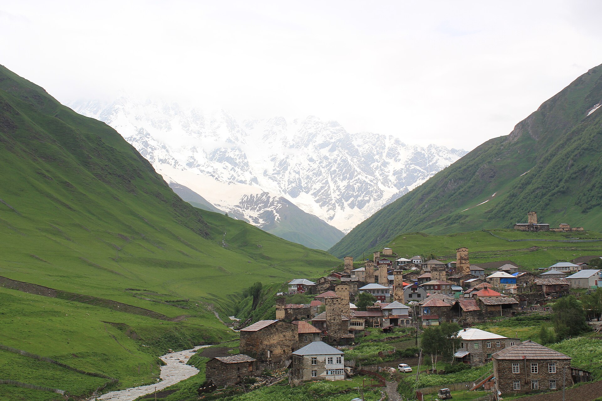 The villages of Ushguli beneath snow-covered Mount Shkhara