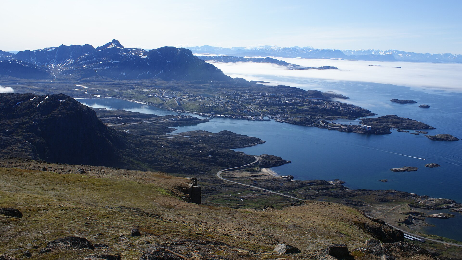 Wide view across Sisimiut, Nasaasaaq and the coastal fjords from Palasip Qaqqaa