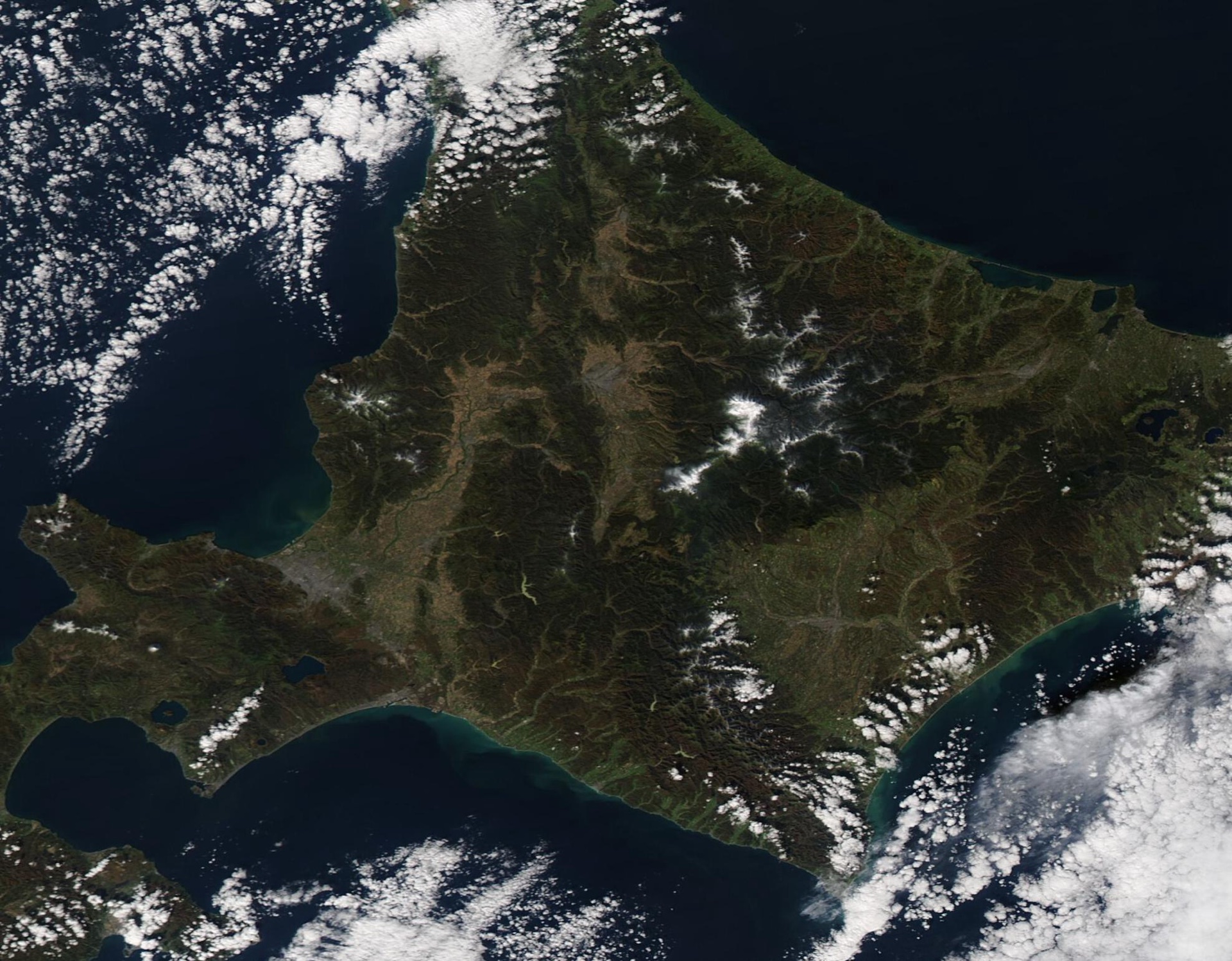 Satellite view of fresh snow across Hokkaido's mountain ranges