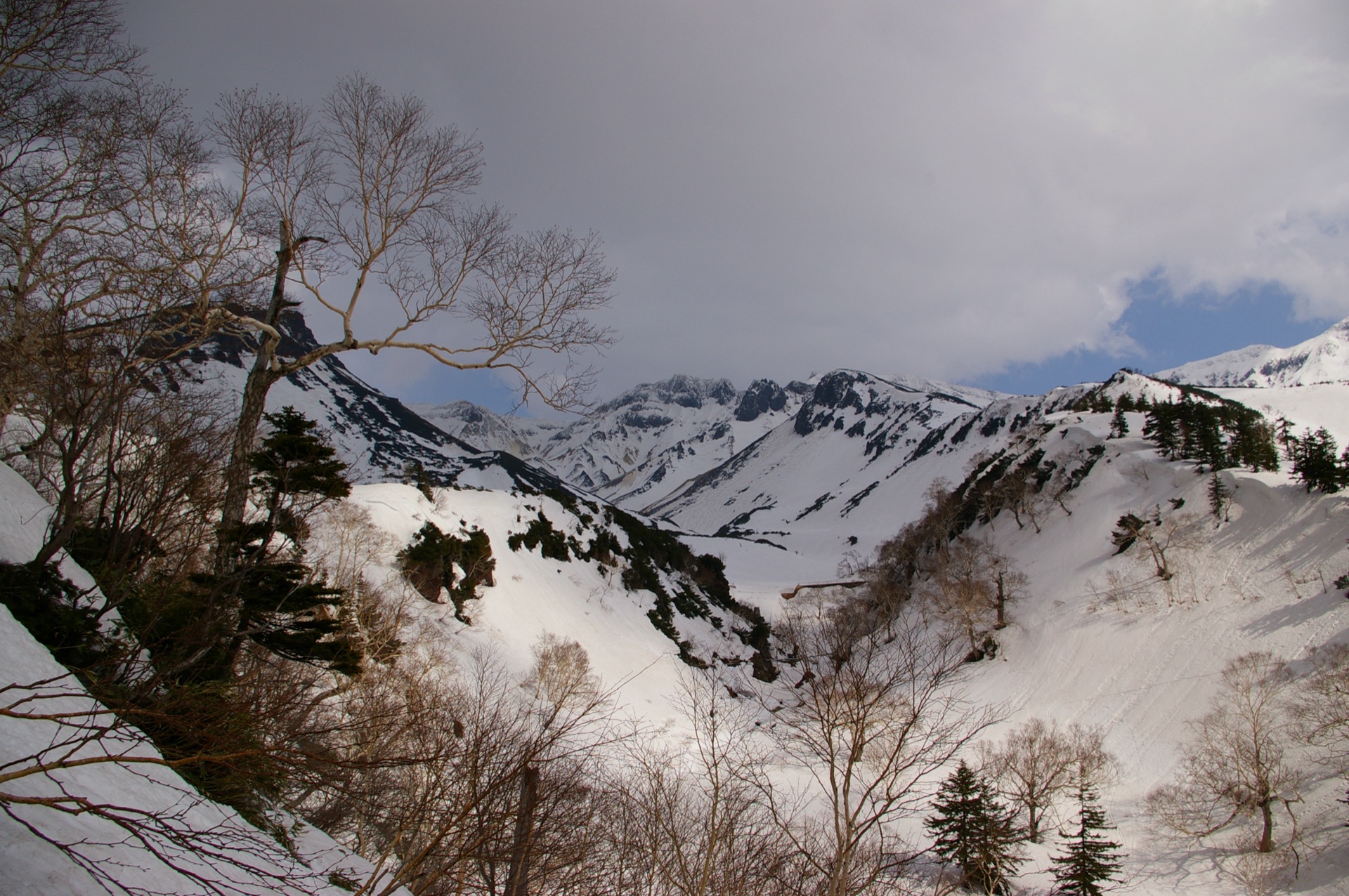 Steep snow-filled gullies on Mount Kami-Horokamettoku in the Tokachidake range