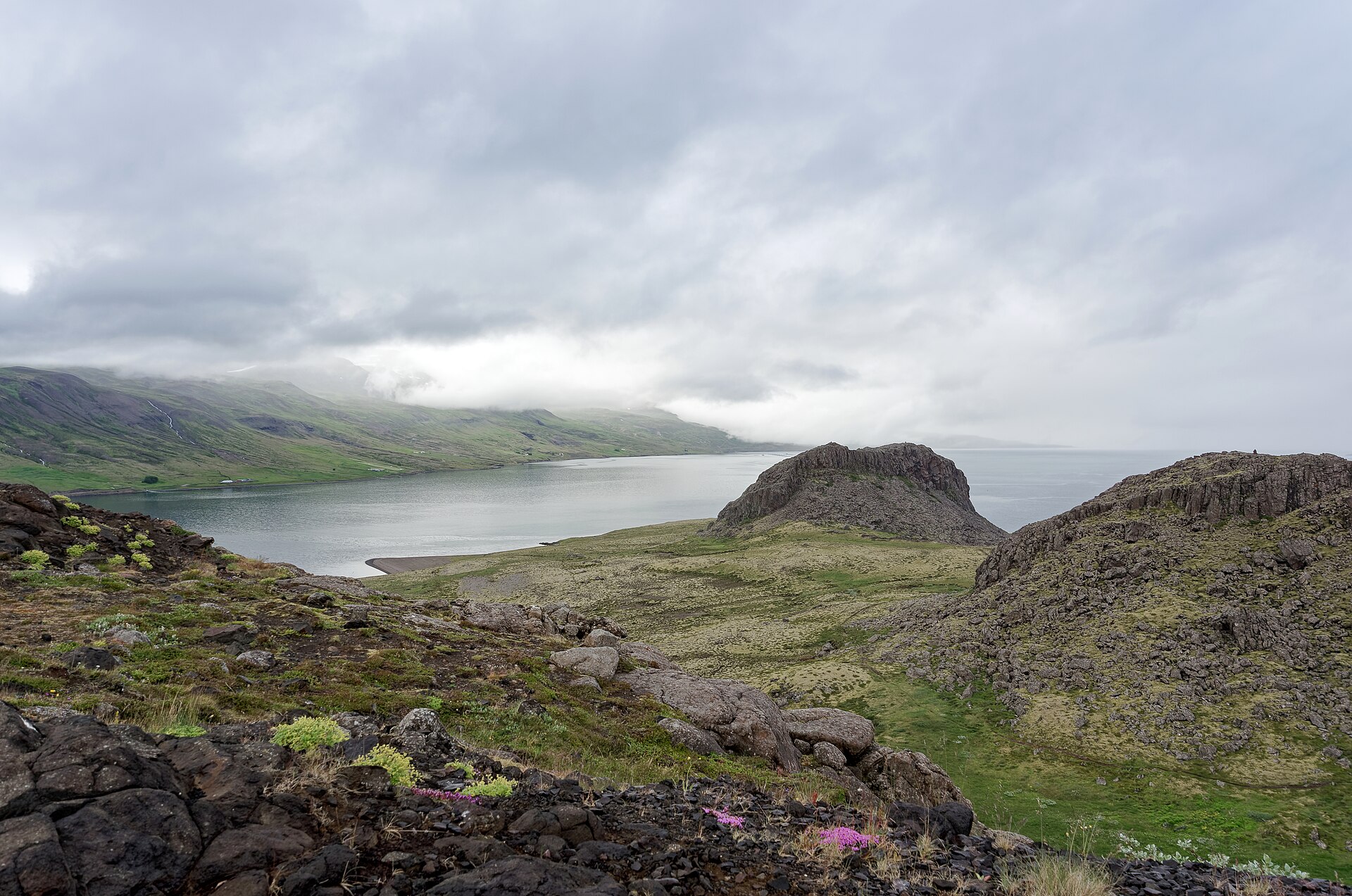 The mountains and sheltered water of Eskifjörður fjord