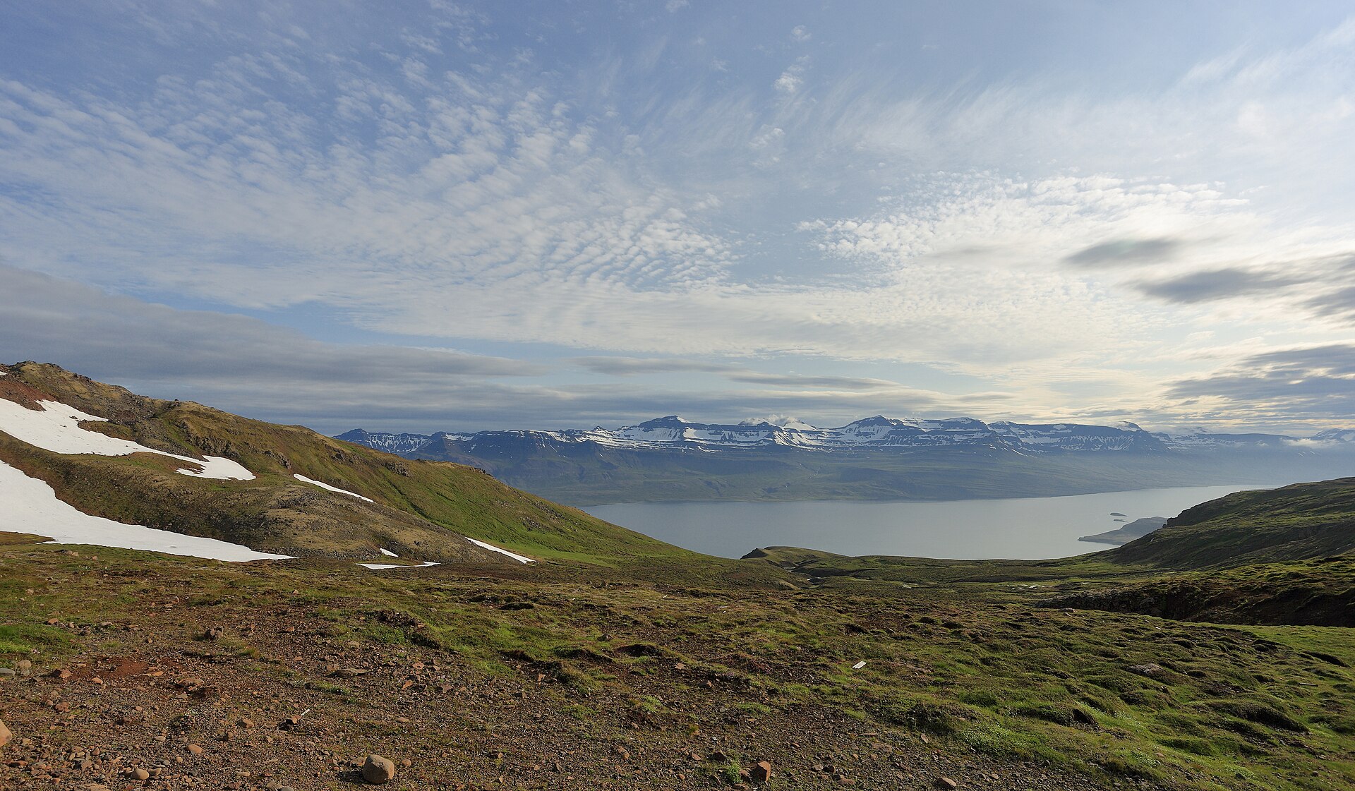 A high panorama of fjords and mountains near Neskaupstaður