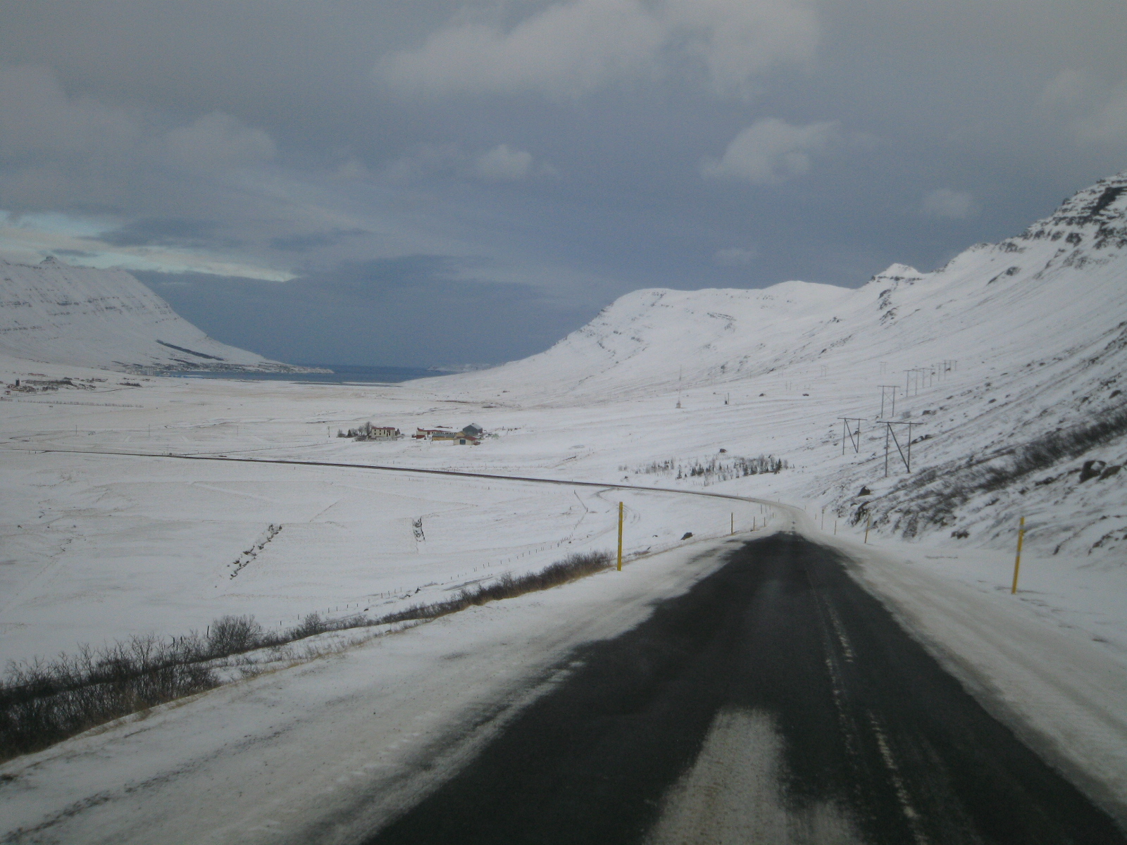 A snow-covered mountain road above Mjóifjörður near Neskaupstaður