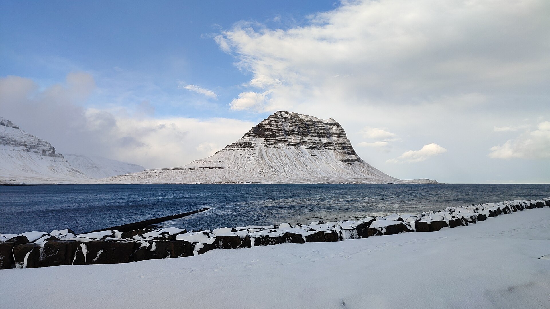Kirkjufell surrounded by snow in winter