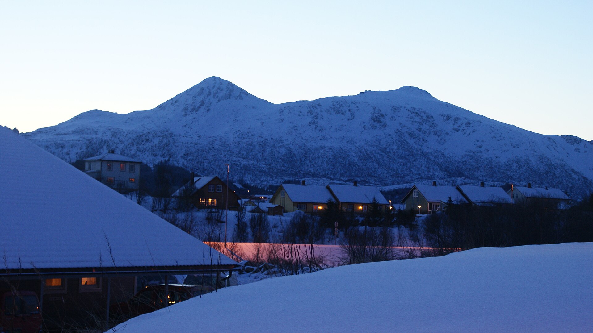 Snow-covered mountains near Leknes in the early winter light