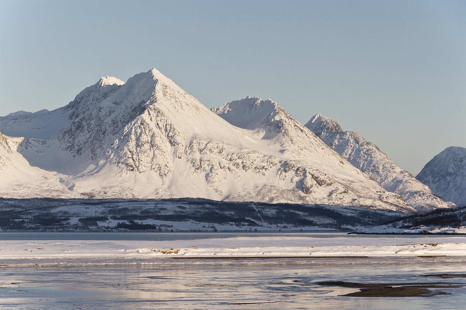 Low March sunlight on the snow-covered Sofiatinden and Sultinden in Lyngen