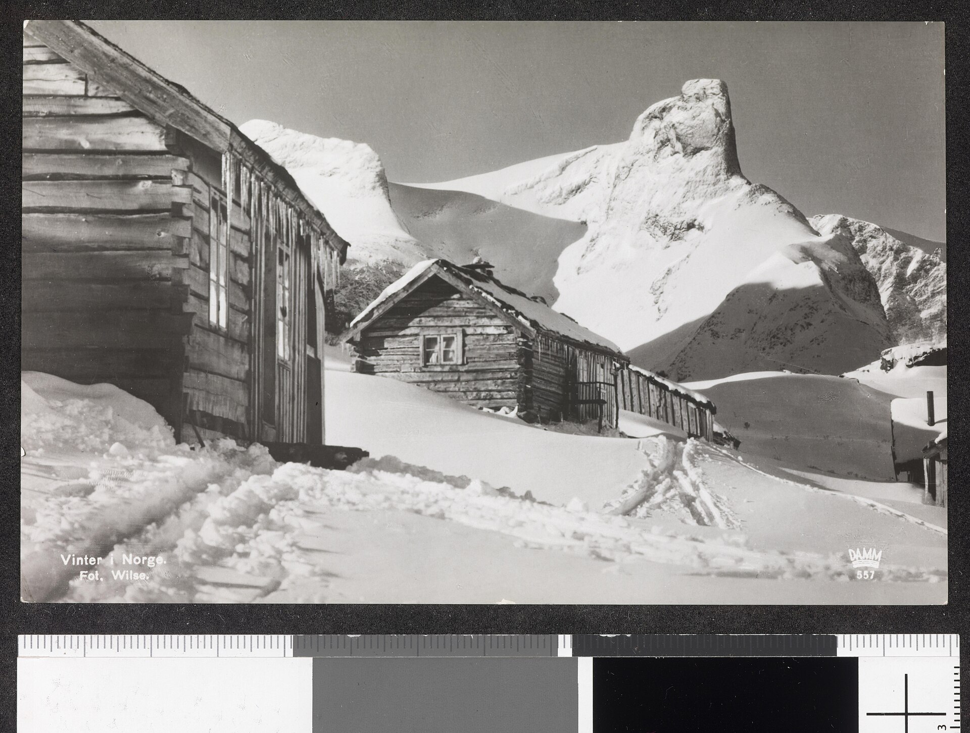 Historic winter view of Romsdalshorn from Vengedalen