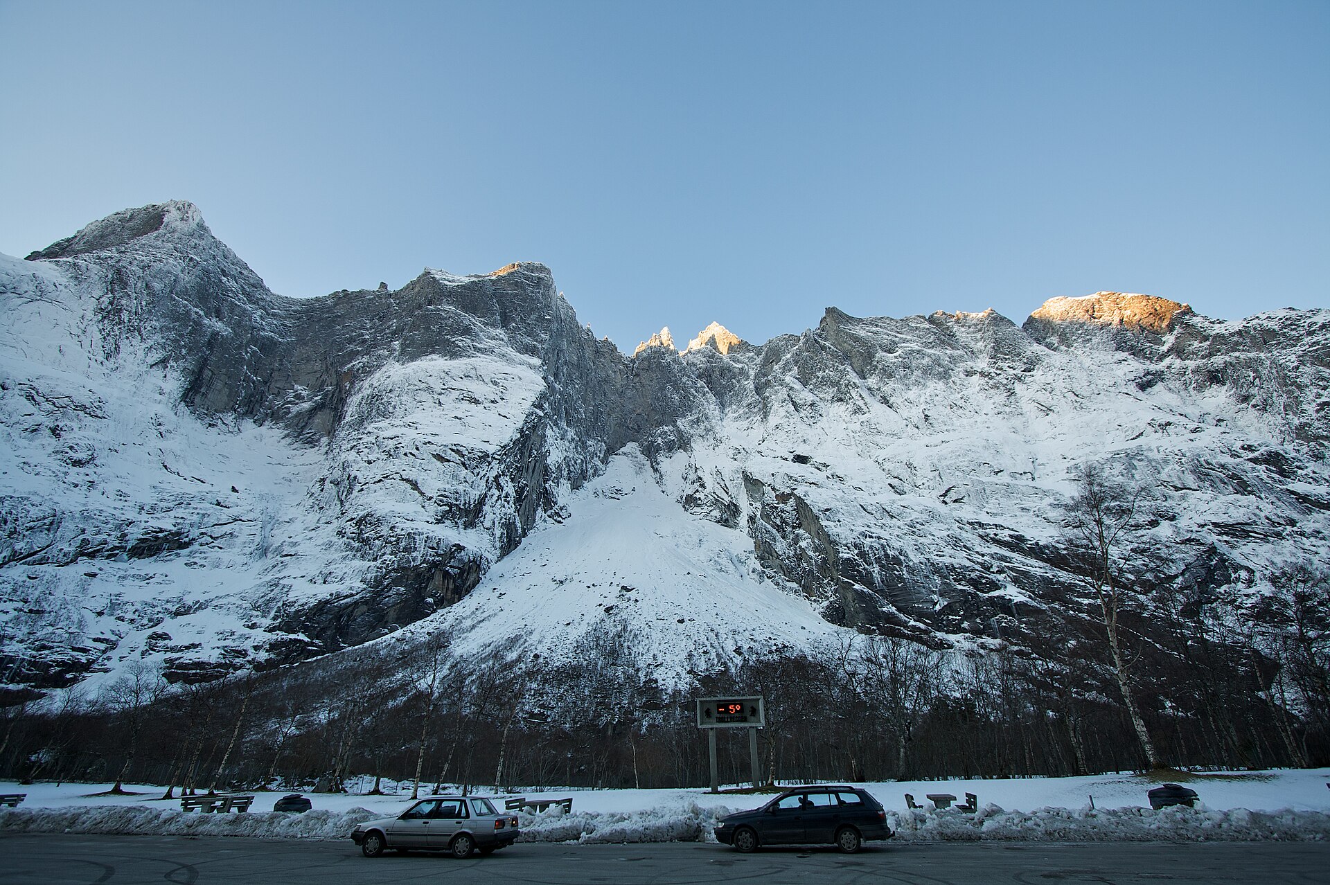The great wall of Trollveggen covered in winter snow in Romsdal