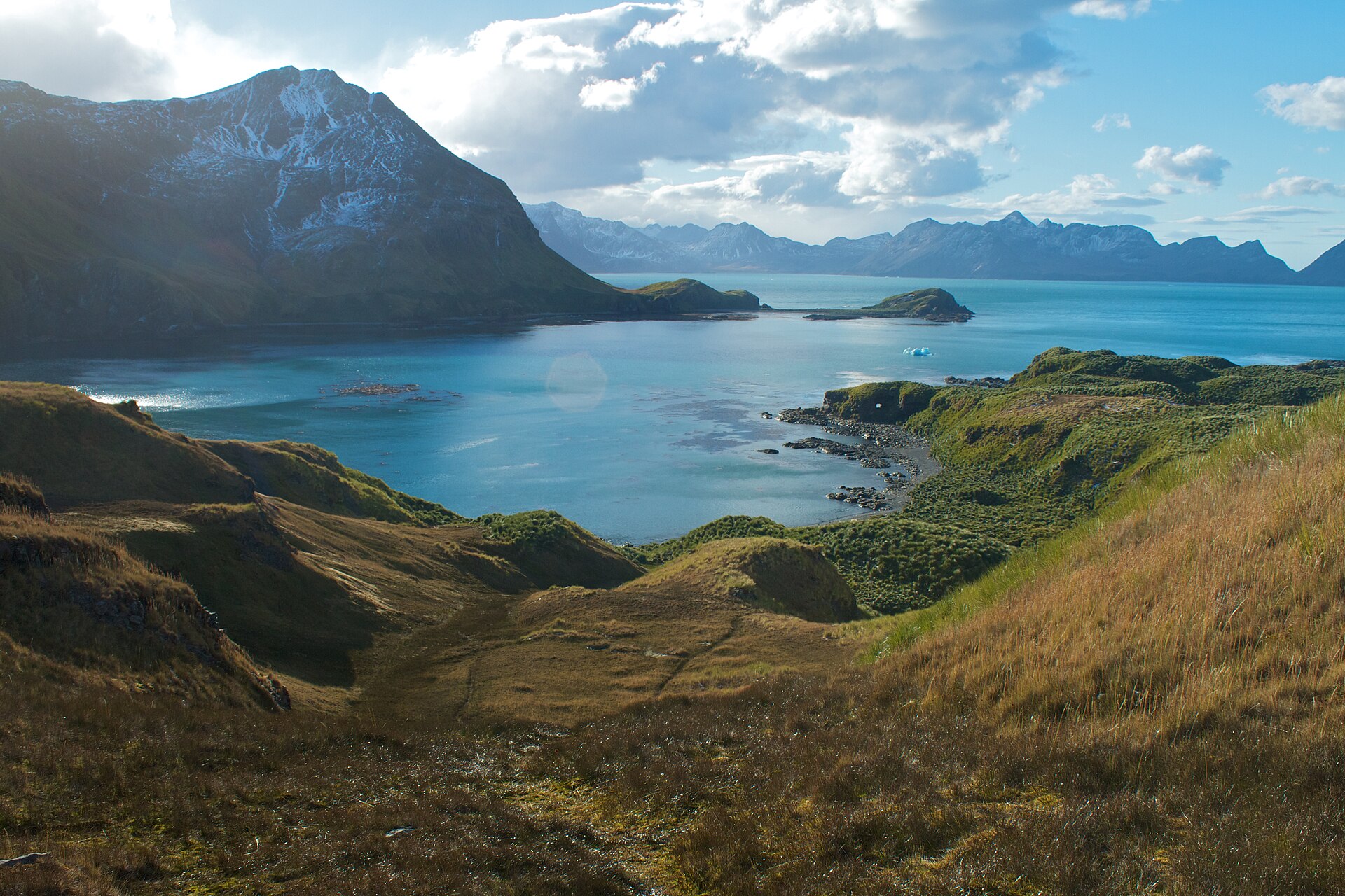 Maiviken's blue coves, green ridges and distant snow-covered mountains