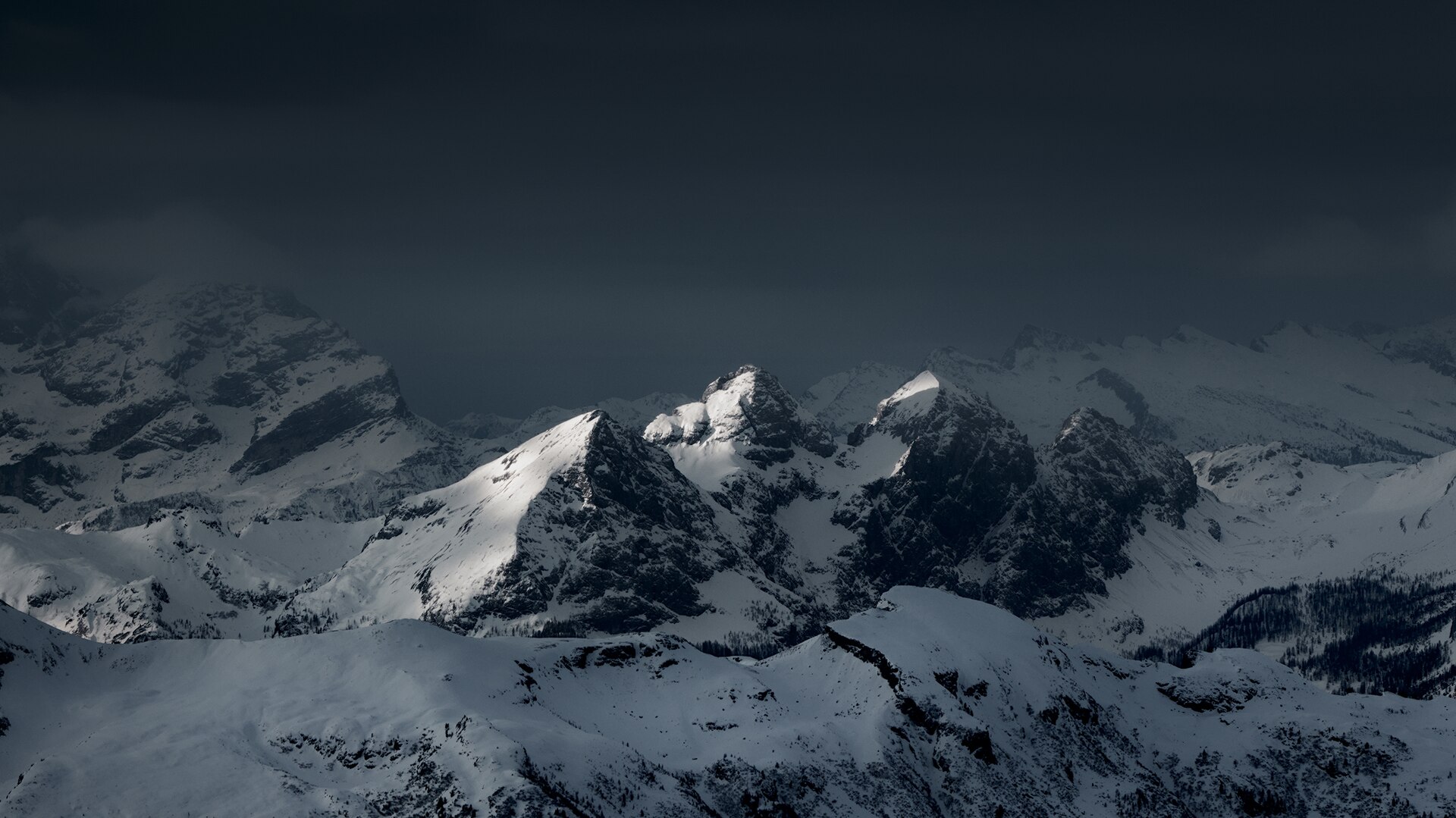 Les sommets enneigés du Lagazuoi et des pins émergeant d'une brume d'hiver bleutée