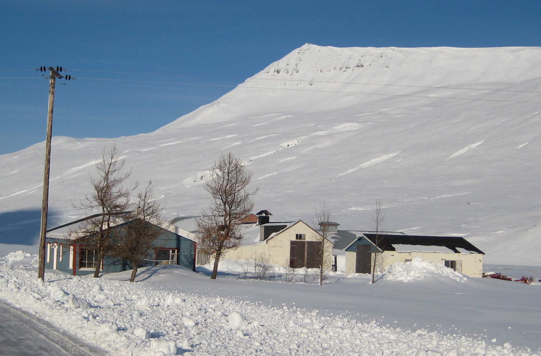 Farm buildings beneath a broad snow-covered mountain in Skíðadalur