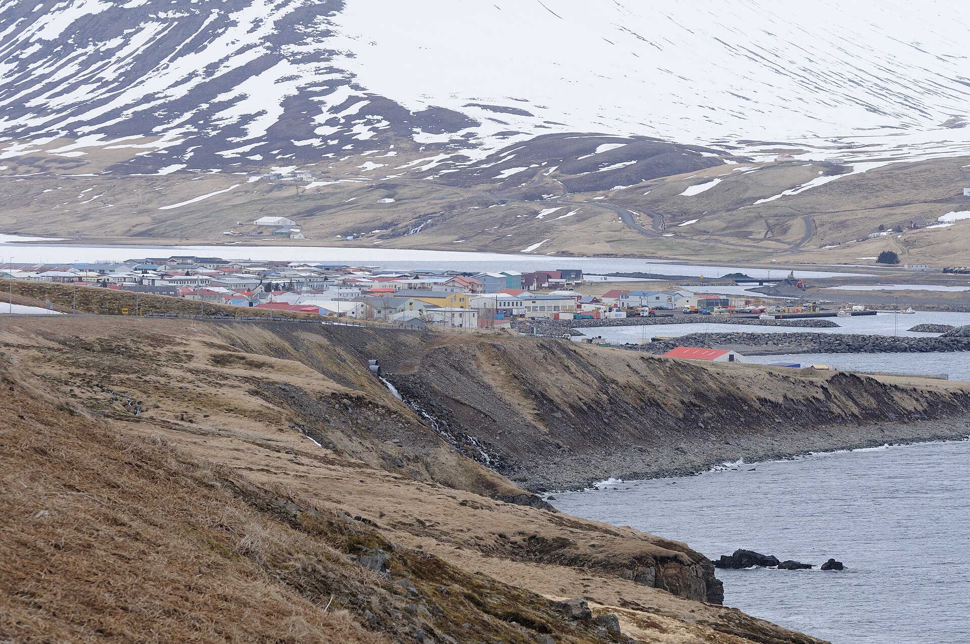 Ólafsfjörður beneath snow-streaked mountains in late April