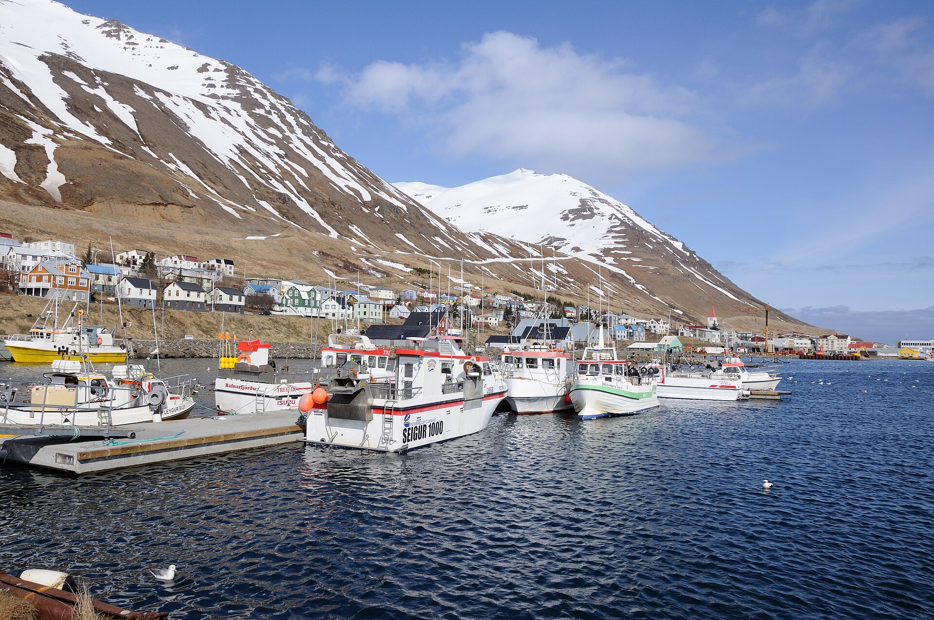 Fishing boats in Siglufjörður harbour below snow-covered slopes