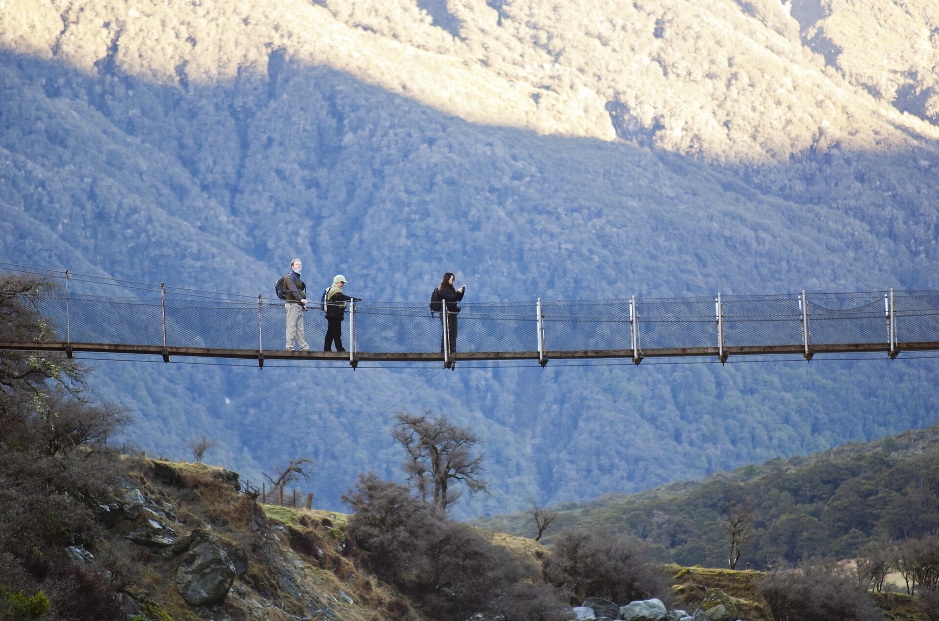 Walkers crossing a swing bridge on the Rob Roy Glacier track beneath forested mountainsides