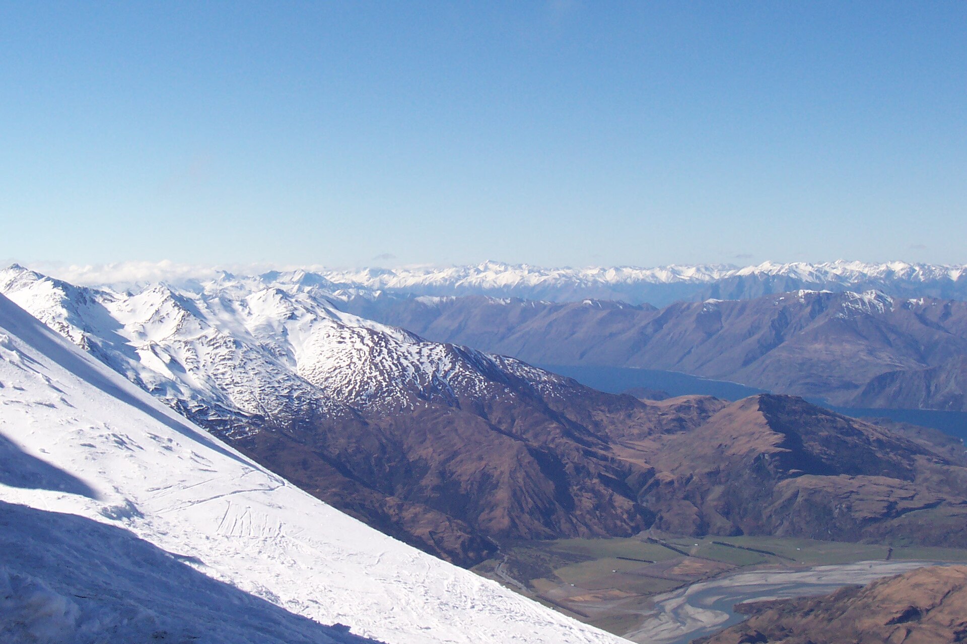 Snow-covered slopes above the upper Matukituki Valley from Treble Cone