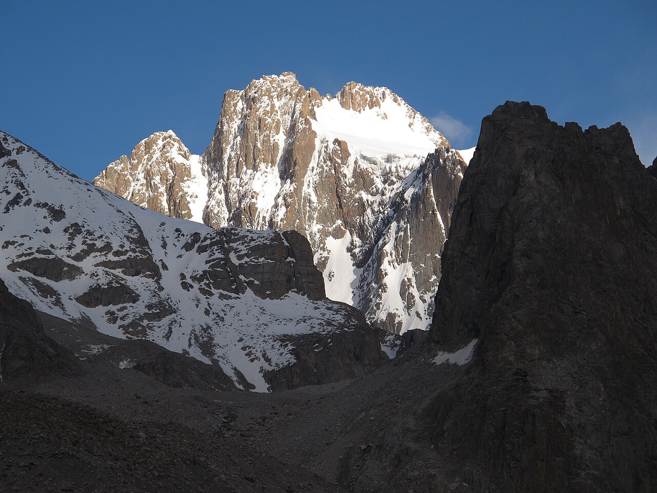 The steep snow-and-rock towers of Korona above the Ak-Sai Glacier