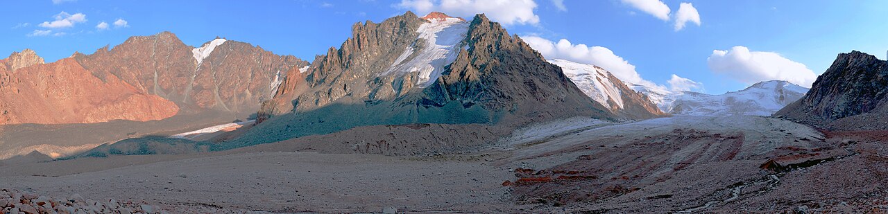 A broad panorama of the Tuyuk-Su Glacier and surrounding peaks