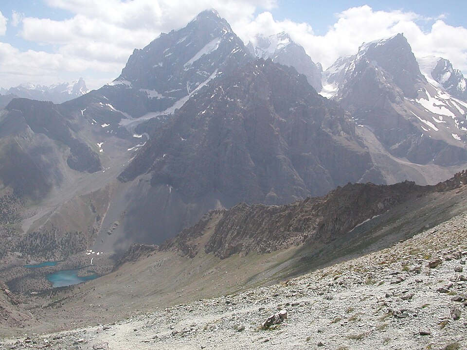 Chapdara and Bodhona peaks rising above a high lake and moraine