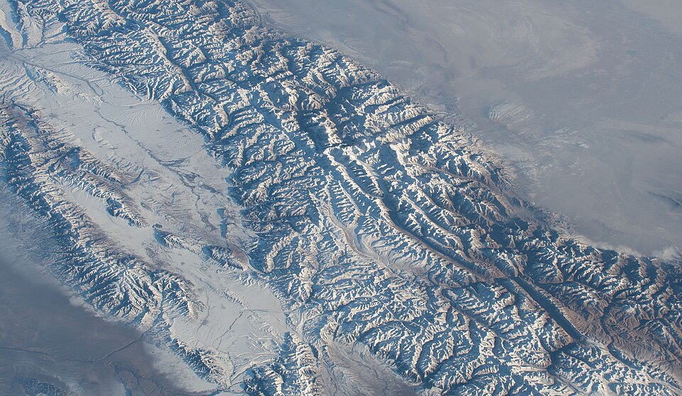 Astronaut view across the eastern Tien Shan, including the Ketmen region and Narynkol