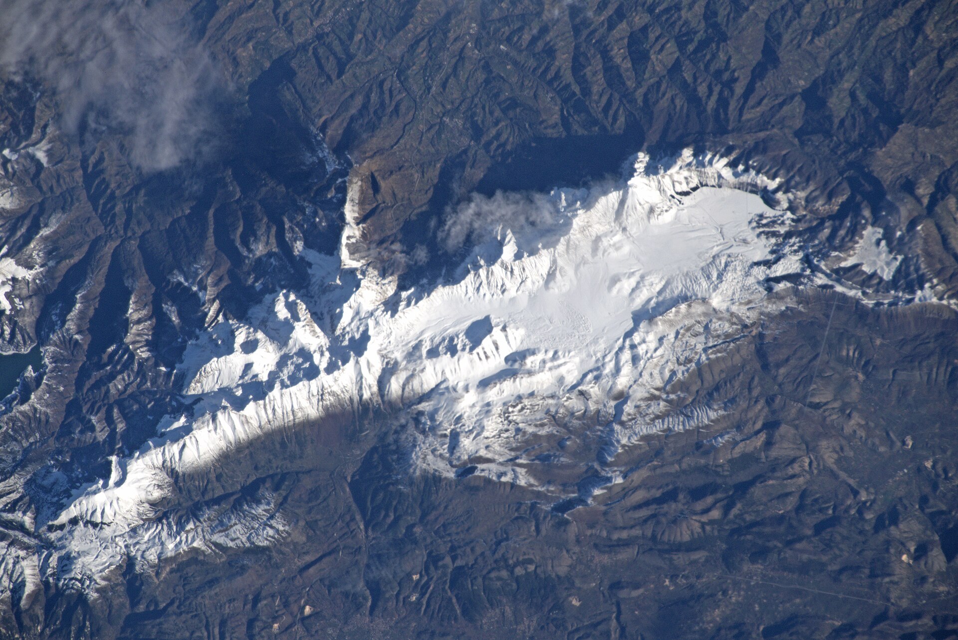 Aerial view of the snow-covered Gran Sasso massif