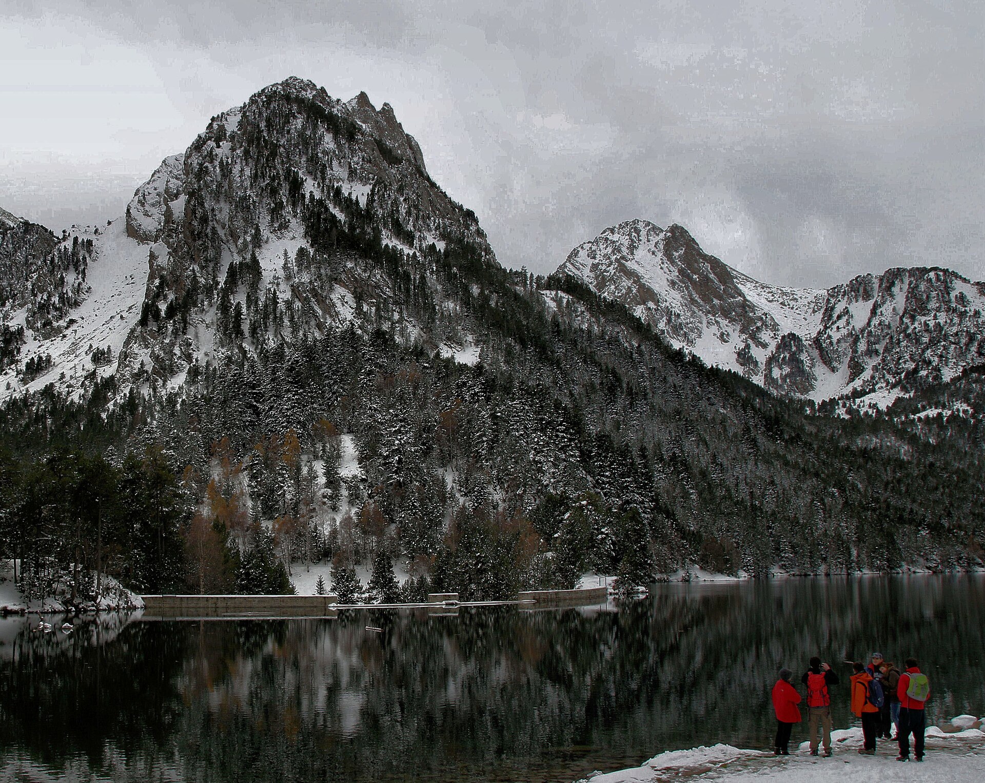 Snowy peaks reflected in Sant Maurici lake