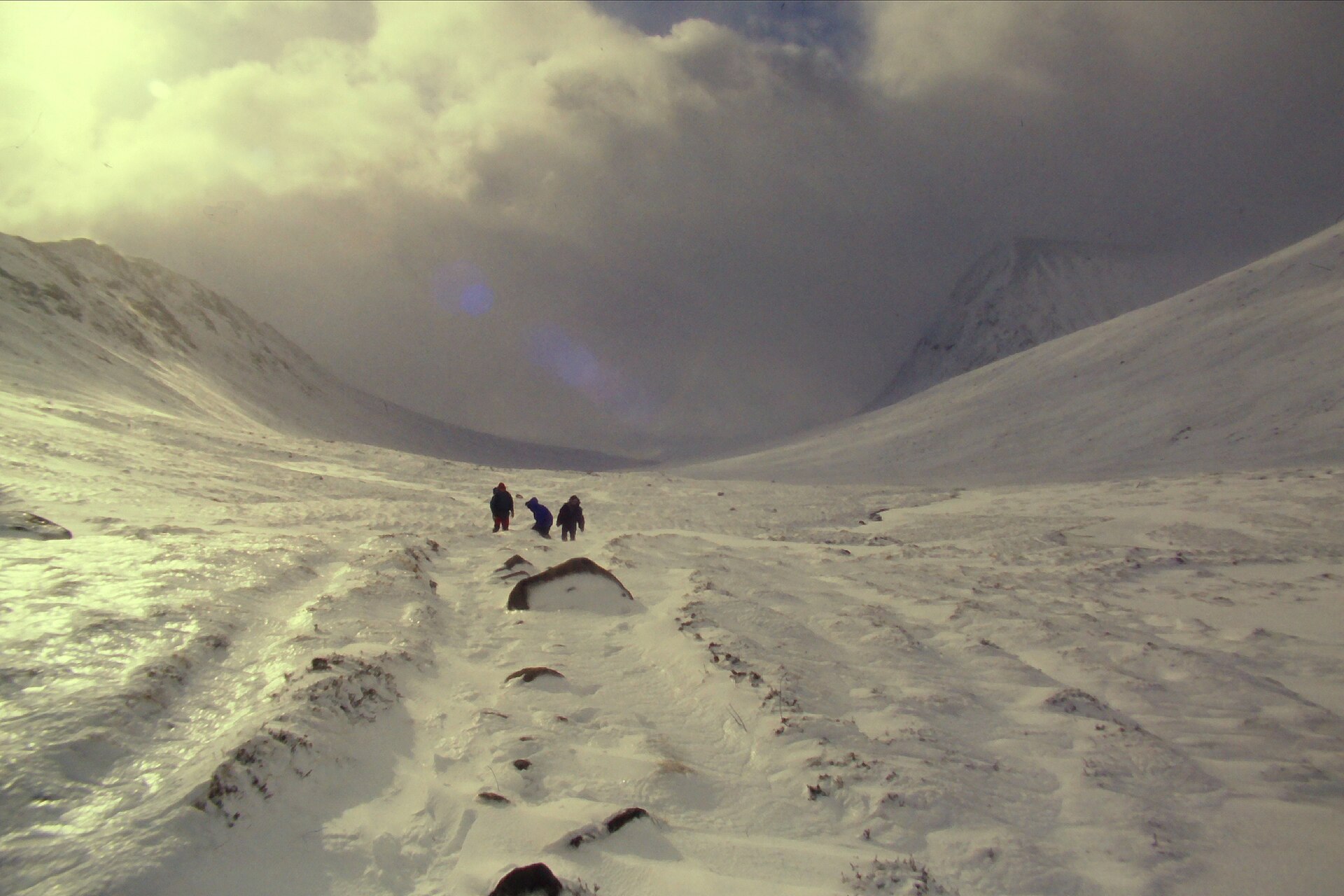 Walkers crossing the Lairig Ghru in full winter conditions