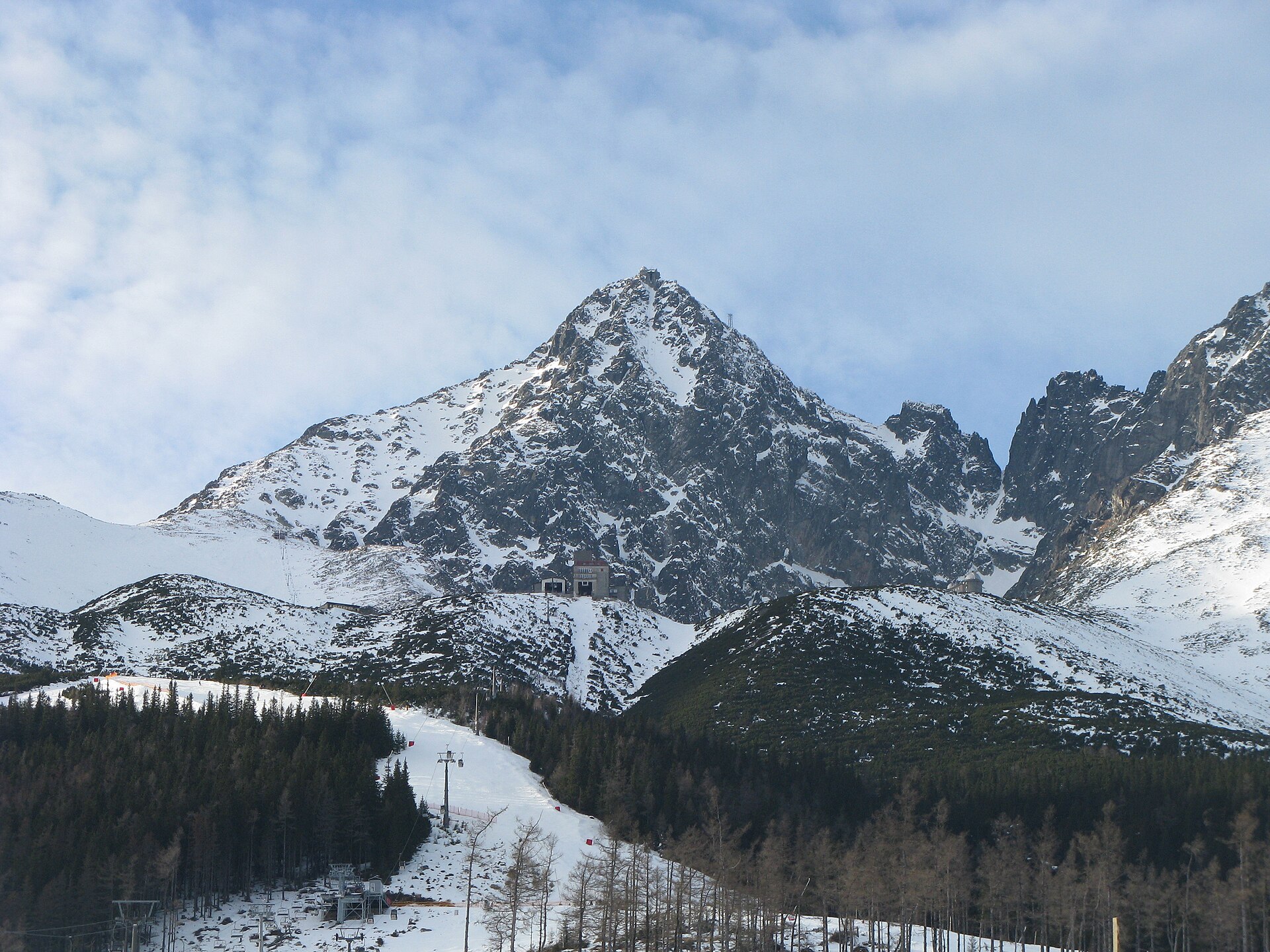 The sharp summit of Lomnický štít covered in winter snow