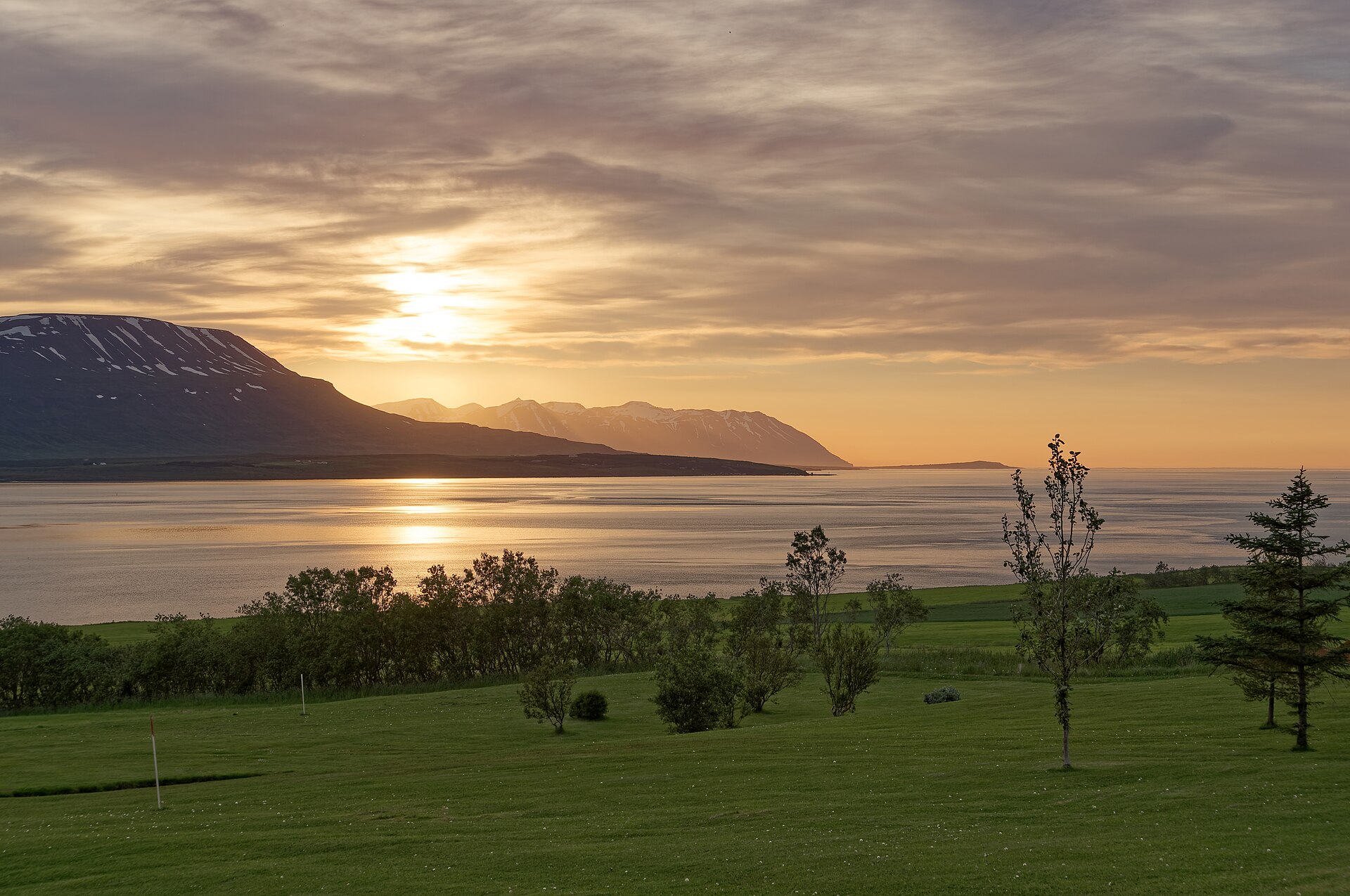 Sunset over Eyjafjörður with the mountains of Tröllaskagi in silhouette