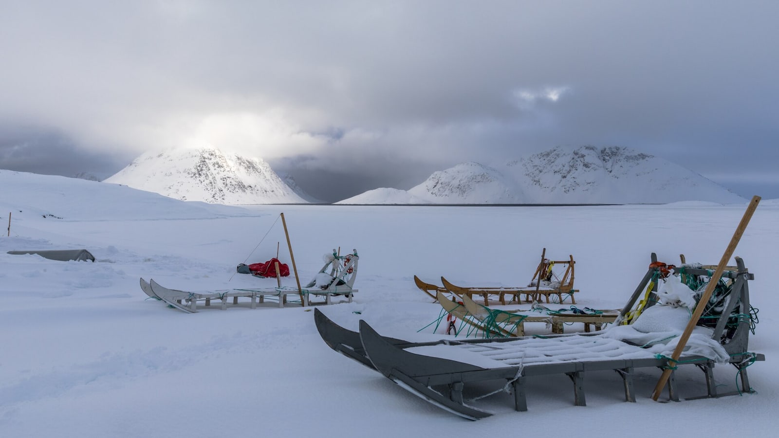 People and sled dogs travelling through deep snow after a blizzard in East Greenland