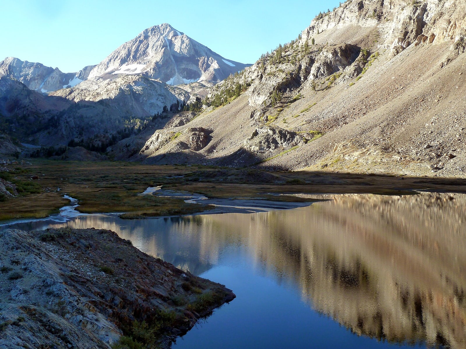 Red Slate Mountain rising above Mildred Lake in the Sierra Nevada