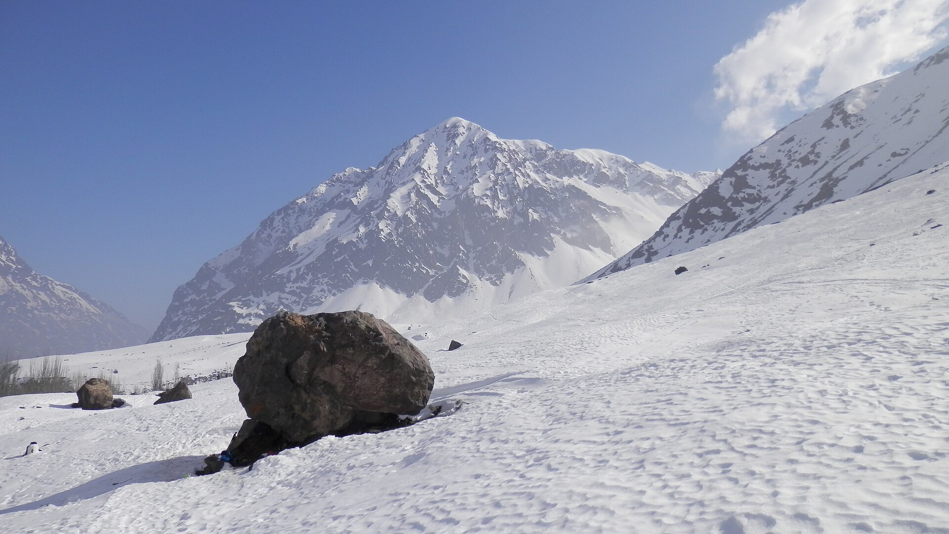 A boulder and distant peaks in a snow-covered valley at Baños Morales