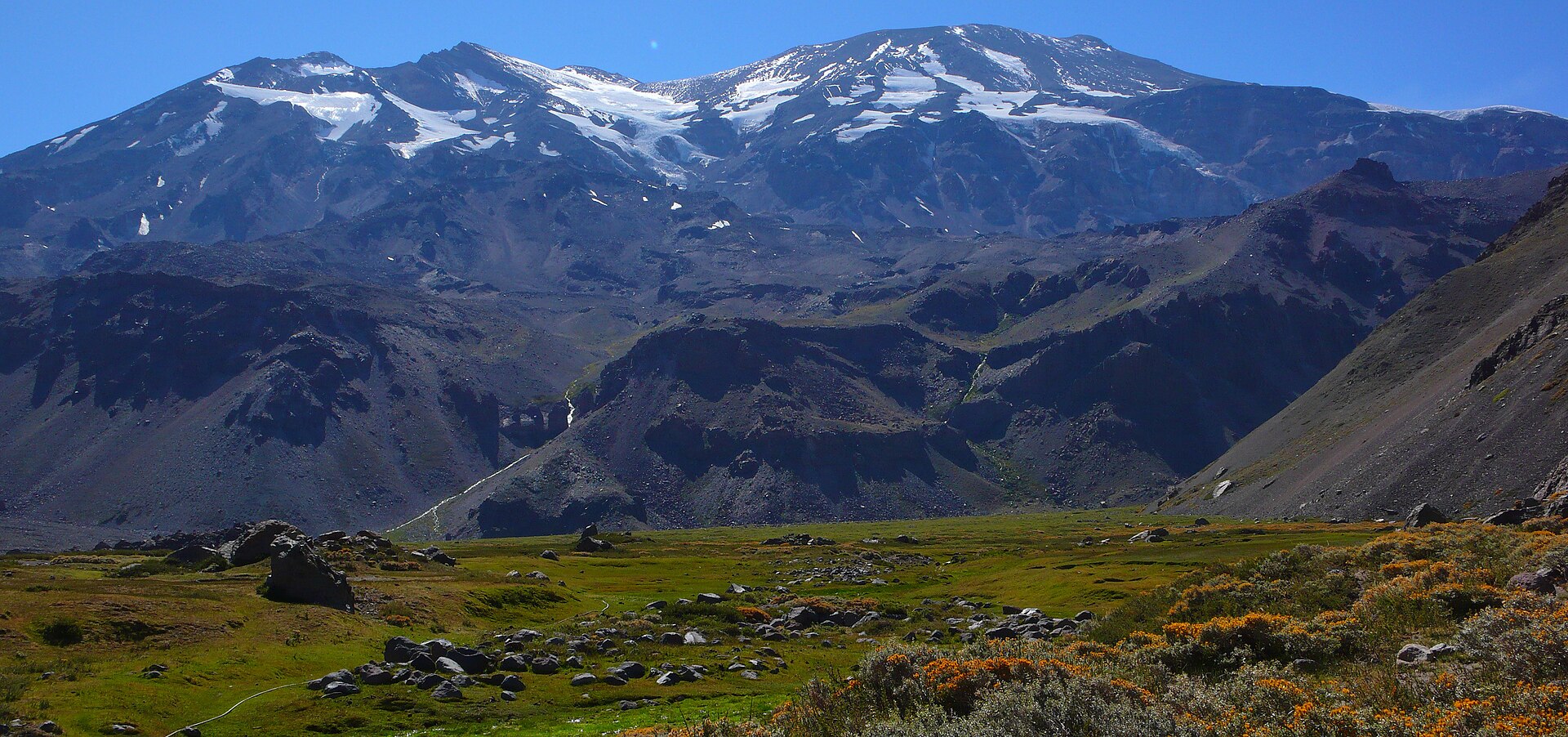 The high Engorda valley leading towards the snow-streaked San José volcanic complex