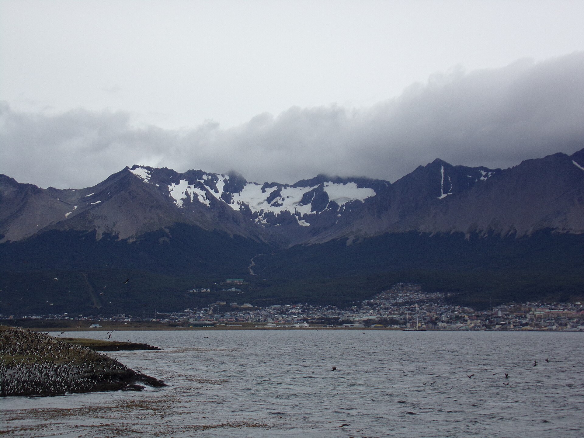 The Fuegian mountains and Ushuaia seen across the bay